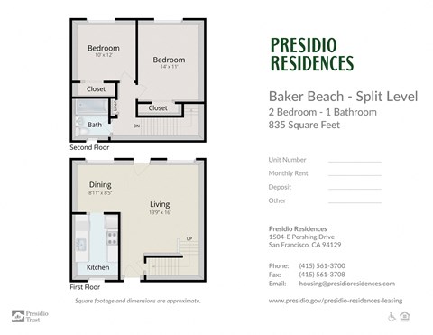 Floor plan for 2 beds, 1 bath, 835 sqft